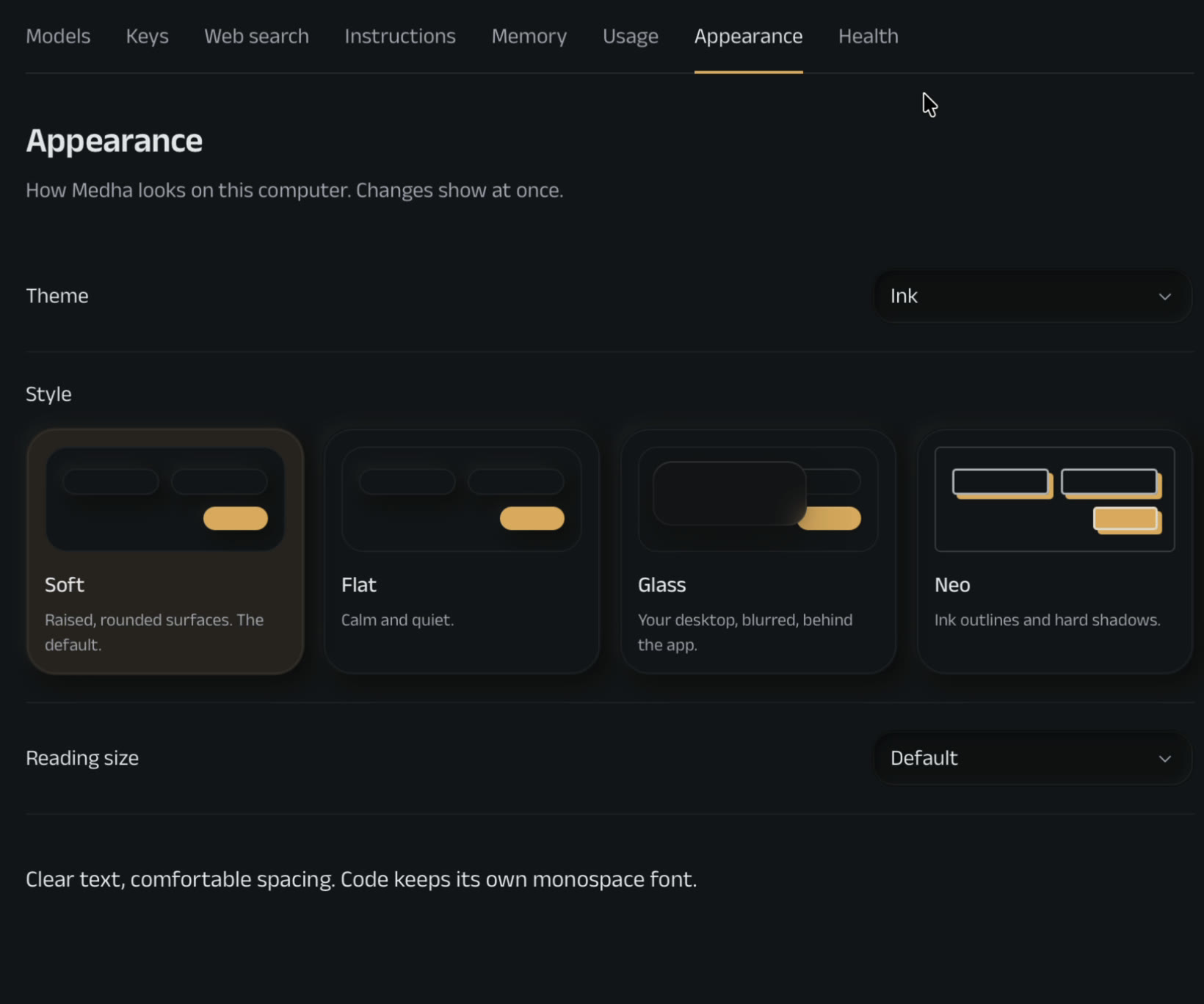 The Appearance settings.