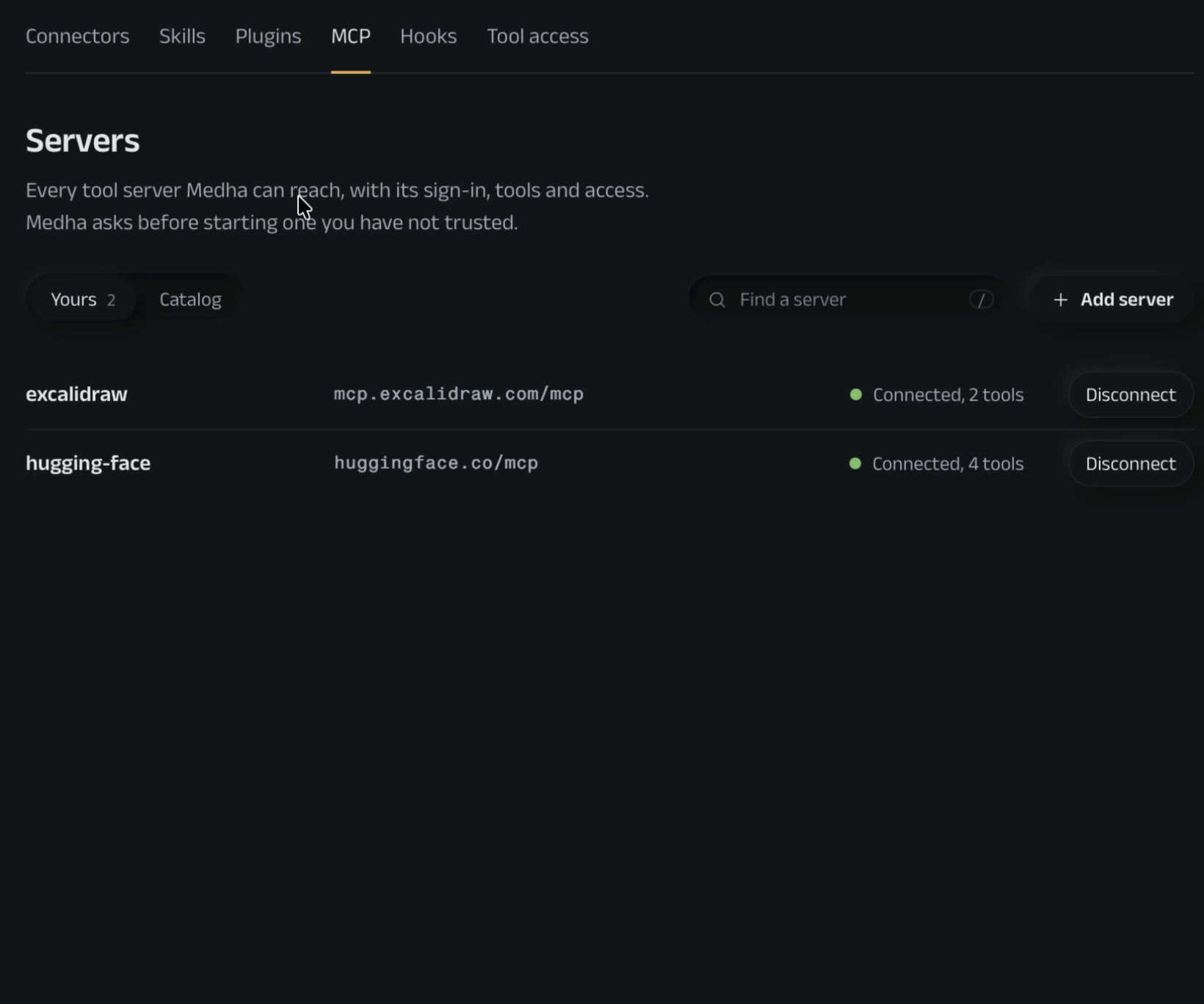 The MCP servers page.