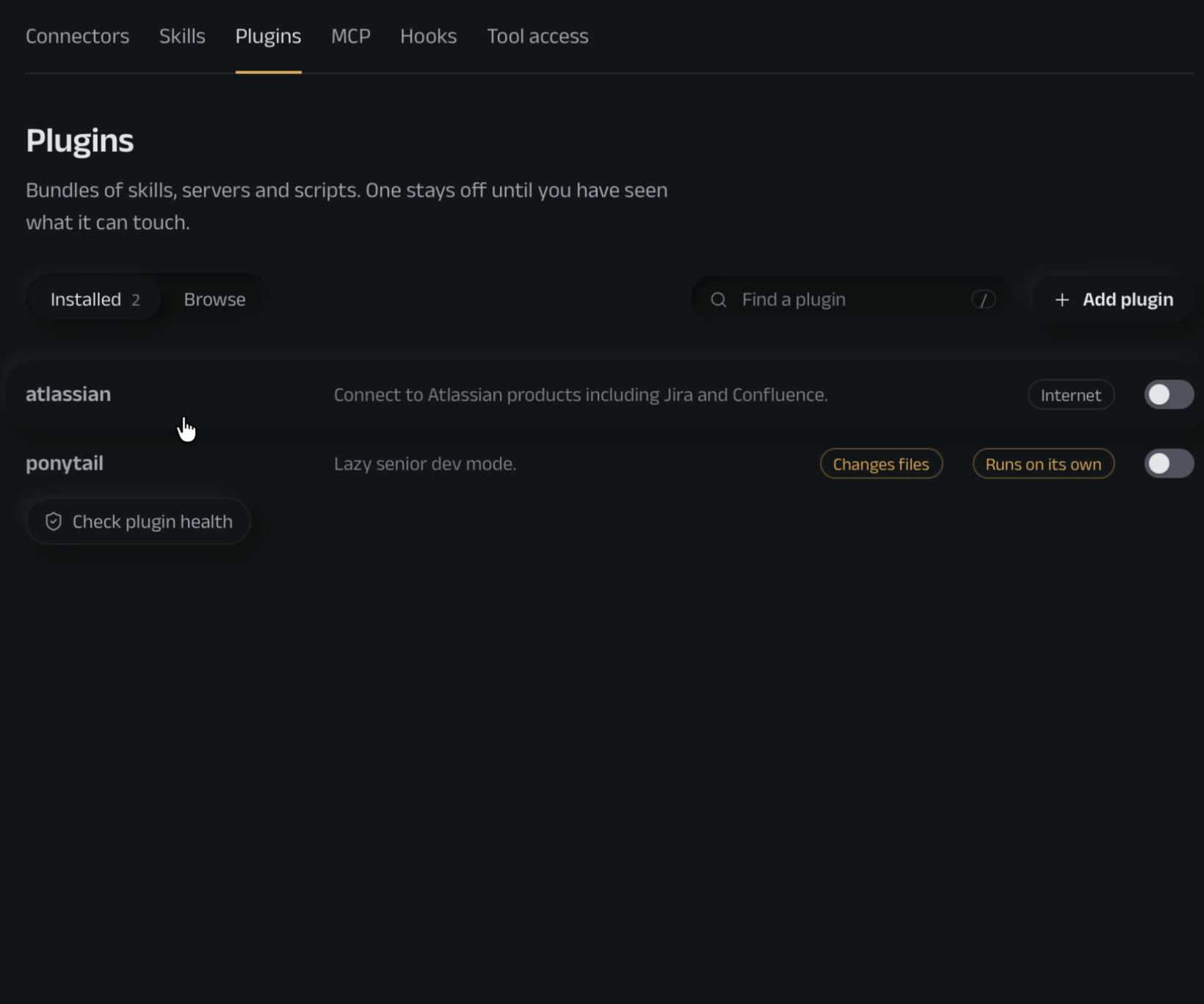 The Plugins page.